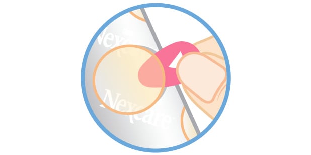 Illustration of fingers grasping a tab to remove a single acne patch from the sheet.