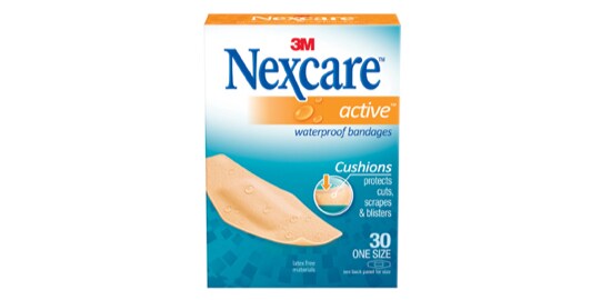 A box of Nexcare™ Active™ Waterproof Bandages.
